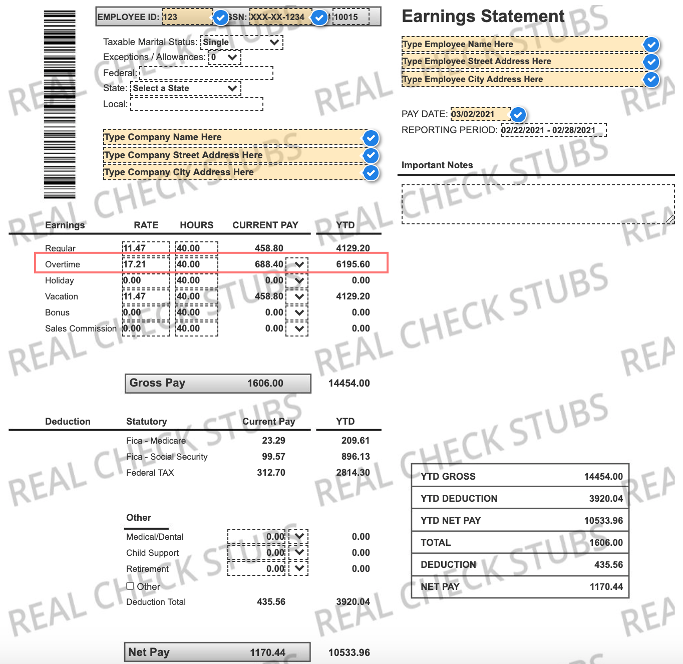 Advanced Pay Stub Template 3 with overtime